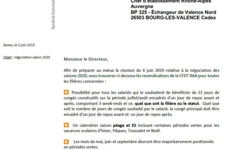 Négociation saisons 2020 :  les  REVENDICATIONS de la CFDT RAA