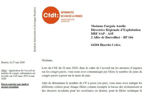 Suivi accord relatif aux mesures d’urgence en matière de congés et jours de repos : la CFDT  sollicite la Direction SAP