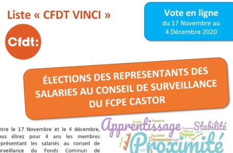 Du 17 novembre au 4 décembre 2020, vous élirez vos représentants au Conseil de surveillance du FCPE CASTOR. Votez pour la liste CFDT !