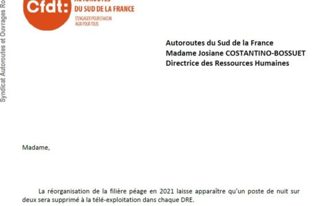 Réorganisation péage 2021 : la CFDT demande le recalcul de l’ICP3 pour les Télé-Exploitants. Nos courriers :