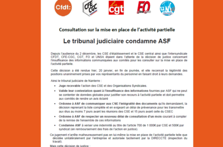 Mise en place de l’Activité Partielle : le tribunal condamne ASF. Tract de l’intersyndicale