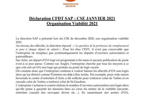 Organisation viabilité SAP : déclaration de la CFDT en CSE