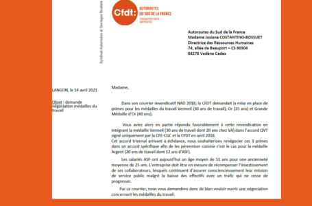 Primes médailles du travail : aprés avoir obtenu des avancées en 2018, la CFDT demande l’ouverture d’une nouvelle négociation. Notre courrier